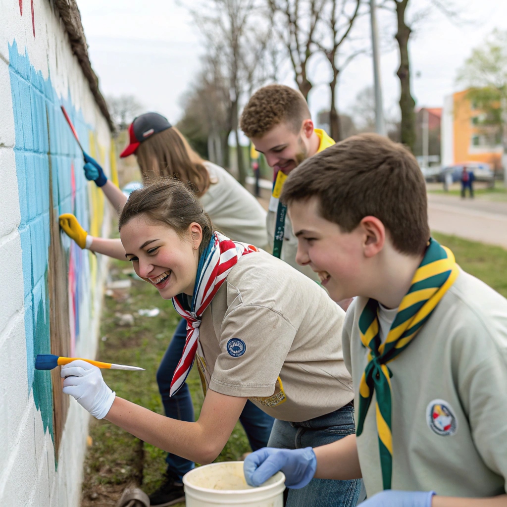 young european volunteers helping community wearin